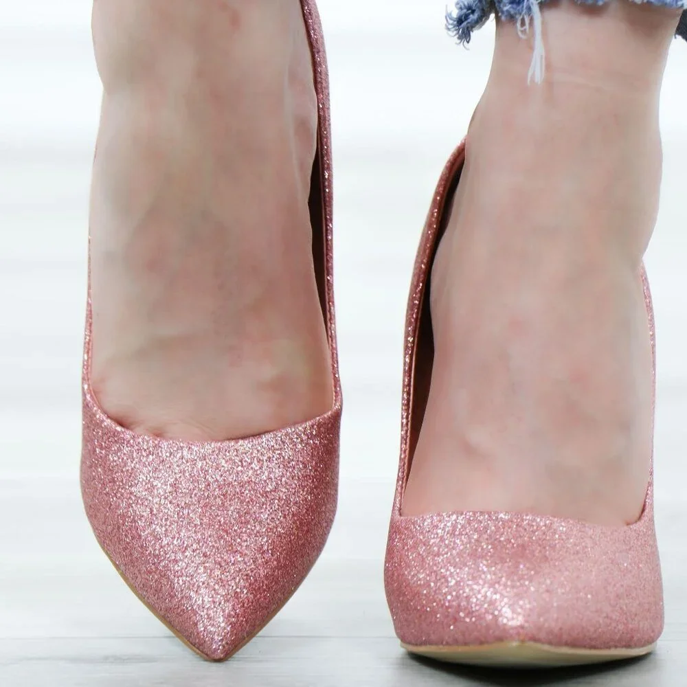 Pink Glitter Heels Pointed Toe Slip On Sparkly High Heel